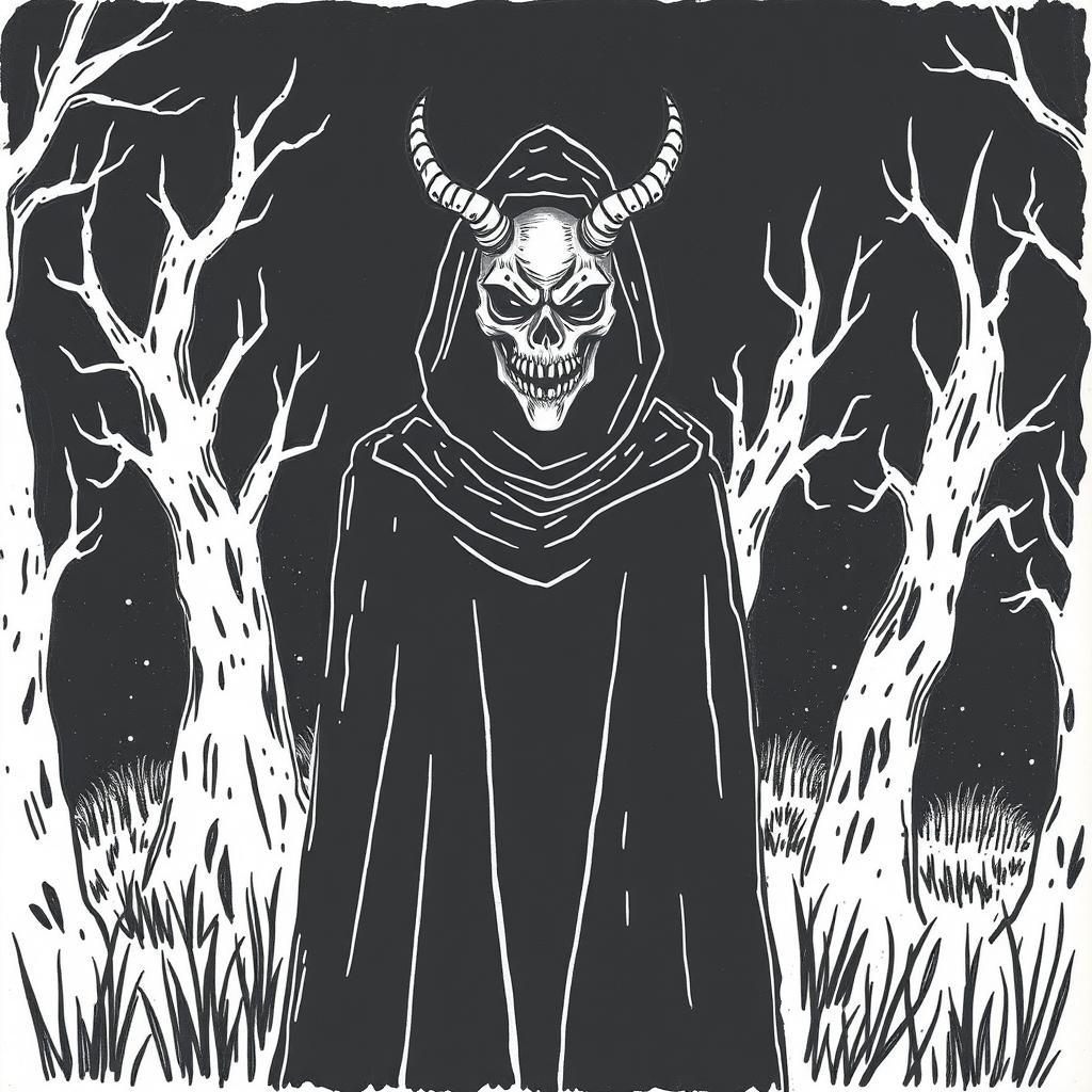 A hand-drawn image in black and white of a person wearing a black cloak and a terrifying, devilish mask