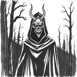 A hand-drawn image in black and white of a person wearing a black cloak and a terrifying, devilish mask