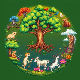 A vibrant and detailed illustration depicting the cycle of life, showing various stages from birth to old age