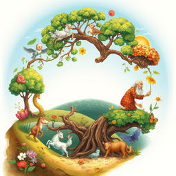 A vibrant and detailed illustration depicting the cycle of life, showing various stages from birth to old age