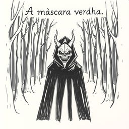 A hand-drawn image in black and white of a person wearing a black cloak and a terrifying, devilish mask