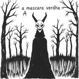 A hand-drawn image in black and white of a person wearing a black cloak and a terrifying, devilish mask