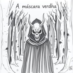 A hand-drawn image in black and white of a person wearing a black cloak and a terrifying, devilish mask