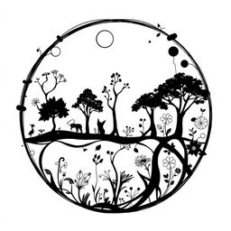 An abstract black and white illustration depicting the cycle of life