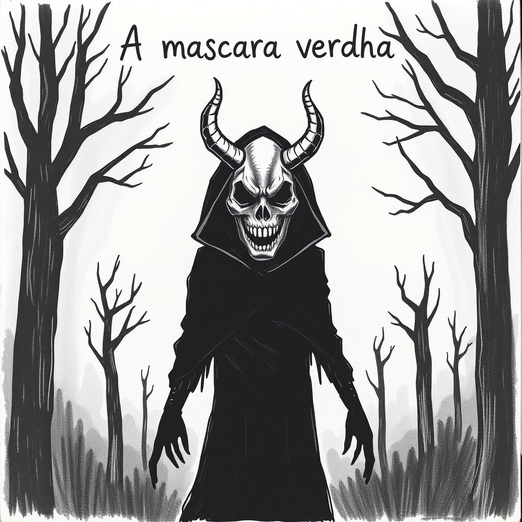 A hand-drawn image in black and white of a person wearing a black cloak and a terrifying, devilish mask