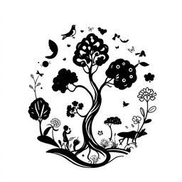 An abstract black and white illustration depicting the cycle of life