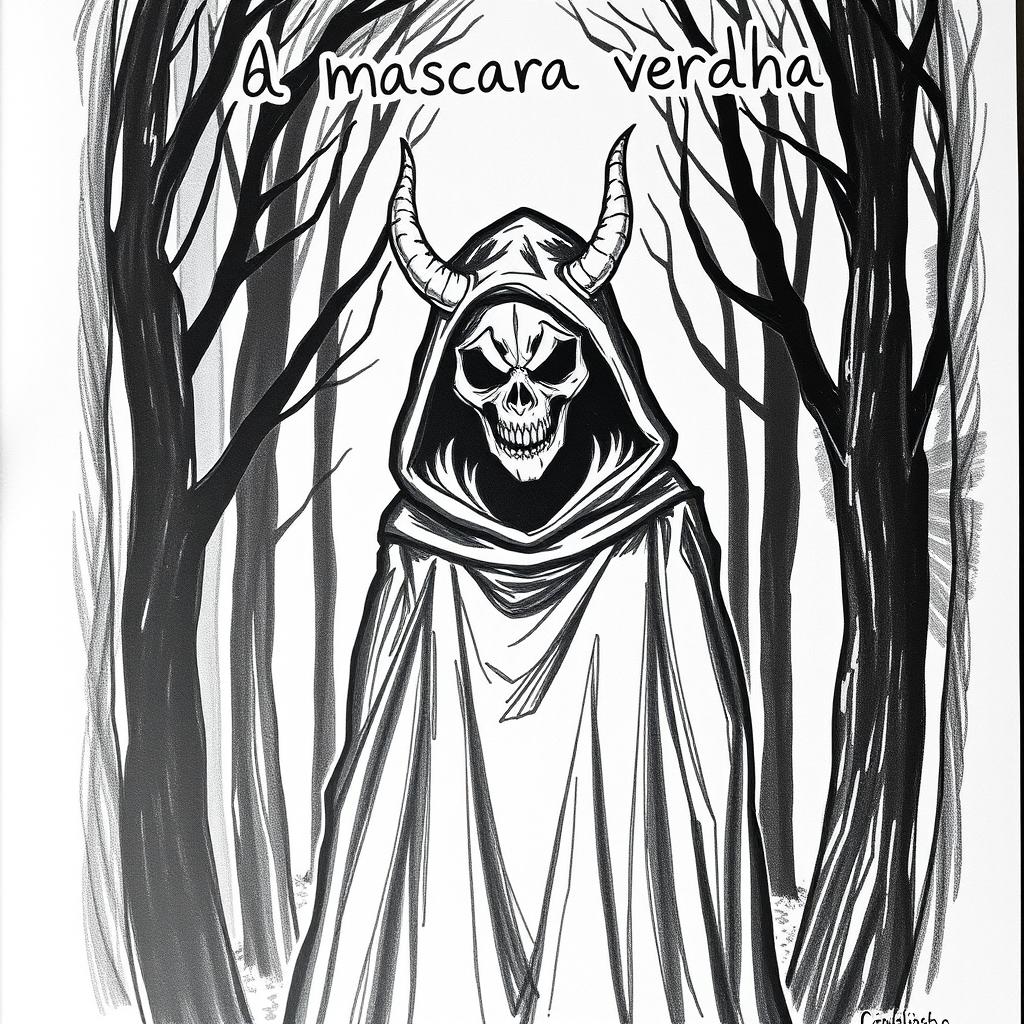 A hand-drawn image in black and white of a person wearing a black cloak and a terrifying, devilish mask