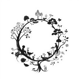 An abstract black and white illustration depicting the cycle of life