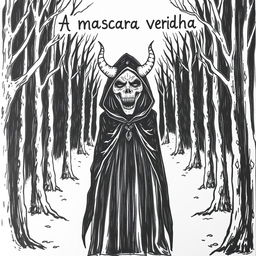 A hand-drawn image in black and white of a person wearing a black cloak and a terrifying, devilish mask