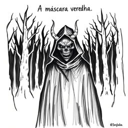 A hand-drawn image in black and white of a person wearing a black cloak and a terrifying, devilish mask