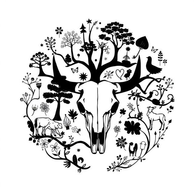 An abstract black and white illustration depicting the cycle of life