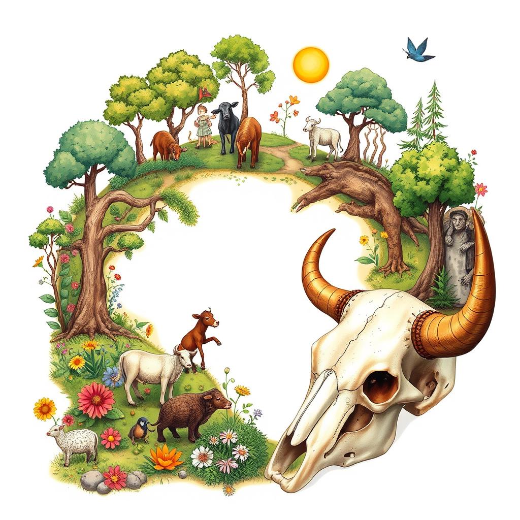 A vibrant and detailed illustration depicting the cycle of life, showing various stages from birth to old age