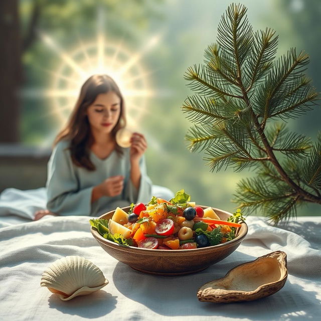 A serene scene featuring elements of conscious eating, spirituality, and nature