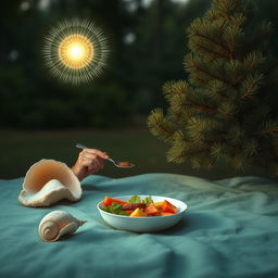 A serene scene featuring elements of conscious eating, spirituality, and nature