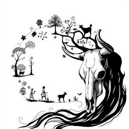 An abstract black and white illustration depicting the cycle of life