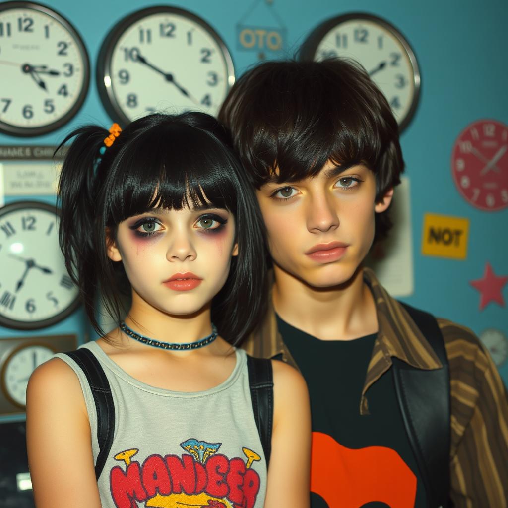 A girl with black hair and smeared makeup standing next to a boy with a 1980s teenage look, also with black hair