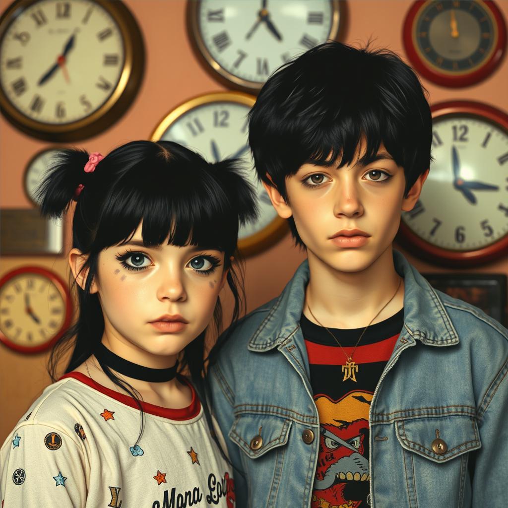 A girl with black hair and smeared makeup standing next to a boy with a 1980s teenage look, also with black hair