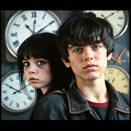 A girl with black hair and smeared makeup standing next to a boy with a 1980s teenage look, also with black hair