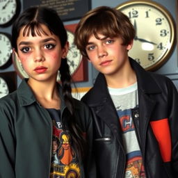 A girl with black hair and smeared makeup standing next to a boy with a 1980s teenage look, also with black hair