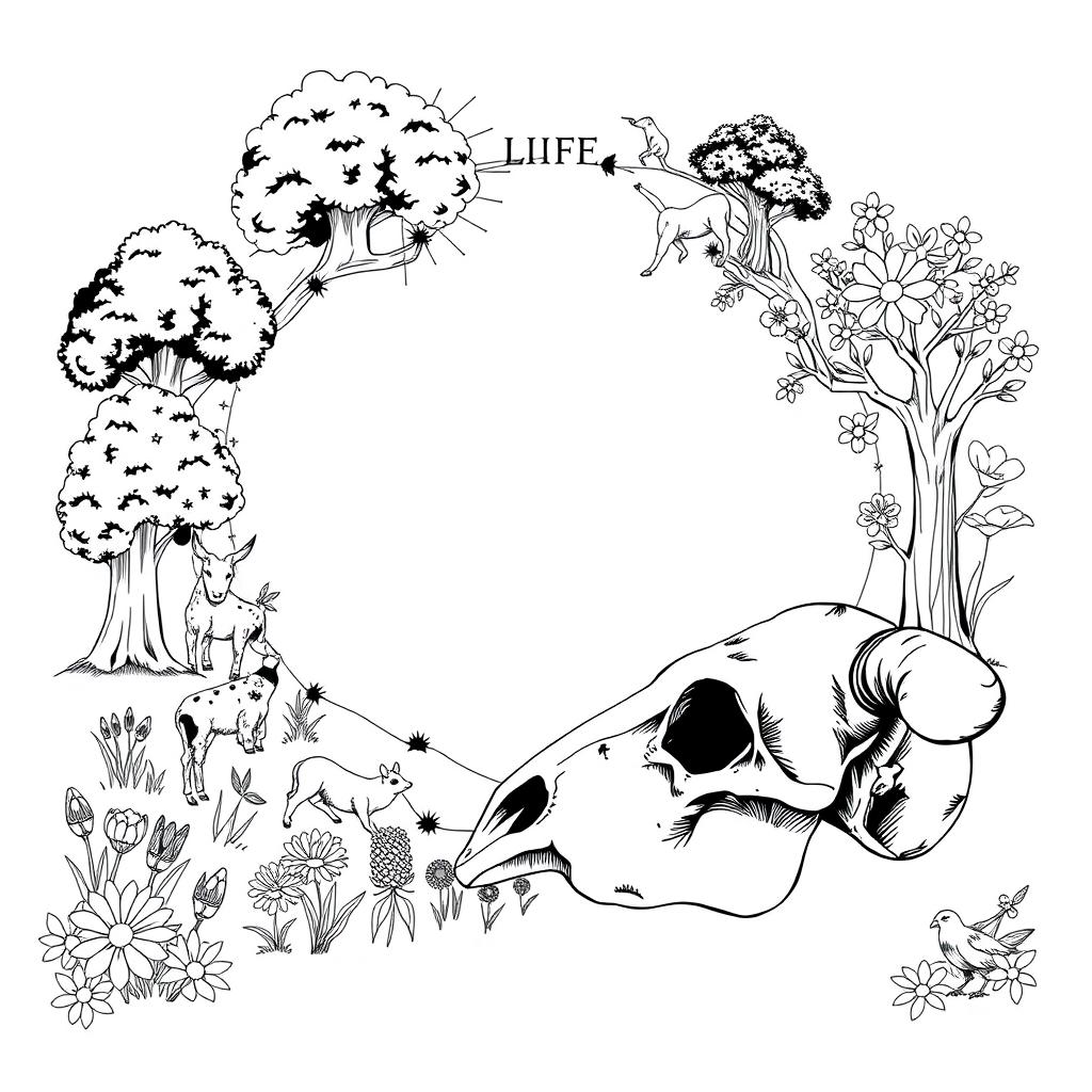 A black and white illustration depicting the cycle of life, showing various stages from birth to old age