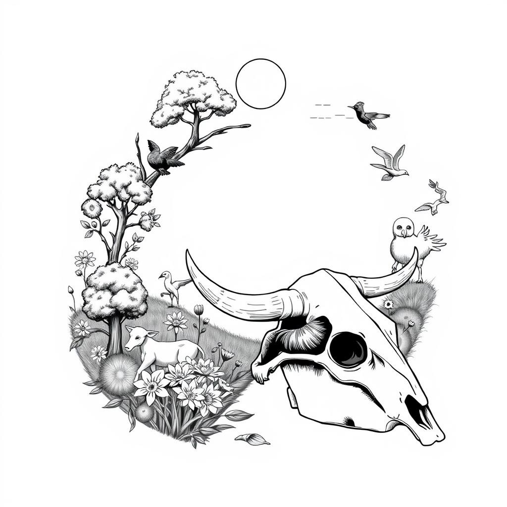 A black and white illustration depicting the cycle of life, showing various stages from birth to old age