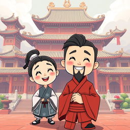 A cartoon-style image set in an ancient Chinese palace with a 16:9 aspect ratio