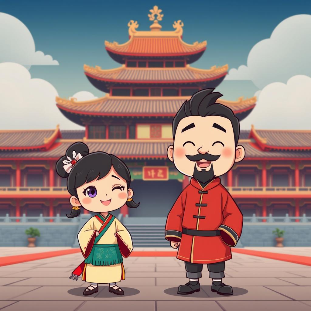 A cartoon-style image set in an ancient Chinese palace with a 16:9 aspect ratio