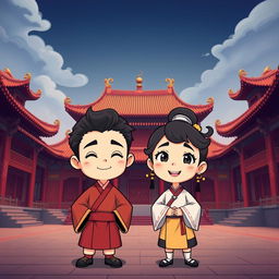 A cartoon-style image set in an ancient Chinese palace with a 16:9 aspect ratio