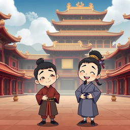 A cartoon-style image set in an ancient Chinese palace with a 16:9 aspect ratio