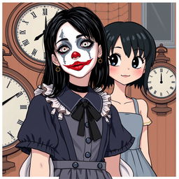 A full-body image of a girl dressed in an aesthetic style but with smeared clown makeup and black hair