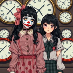 A full-body image of a girl dressed in an aesthetic style but with smeared clown makeup and black hair