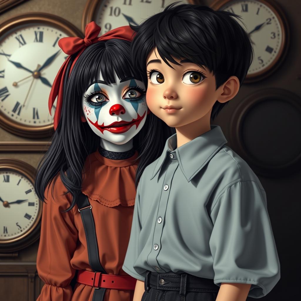 A full-body image of a girl dressed in an aesthetic style but with smeared clown makeup and black hair