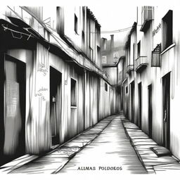 A hand-drawn image in black and white of a dark, gloomy alleyway