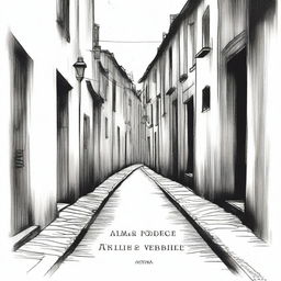 A hand-drawn image in black and white of a dark, gloomy alleyway