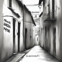 A hand-drawn image in black and white of a dark, gloomy alleyway