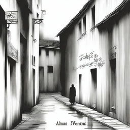 A hand-drawn image in black and white of a dark, gloomy alleyway