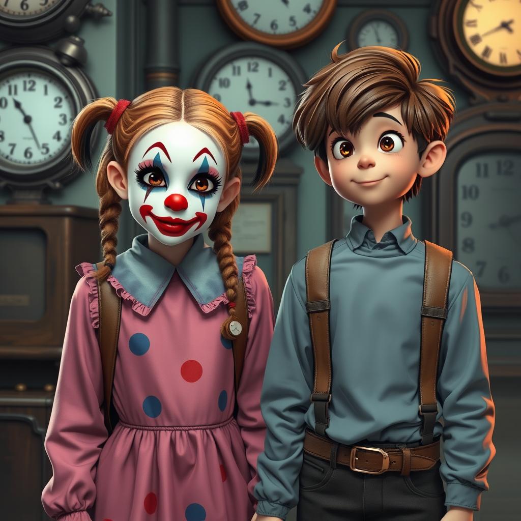 A time travel scene featuring a girl with clown makeup standing next to a boy with an animated 1980s look