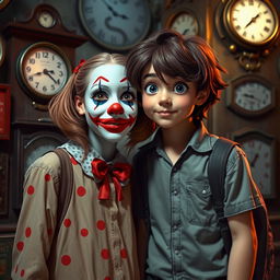 A time travel scene featuring a girl with clown makeup standing next to a boy with an animated 1980s look