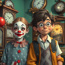 A time travel scene featuring a girl with clown makeup standing next to a boy with an animated 1980s look