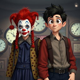 A time travel scene featuring a girl with clown makeup standing next to a boy with an animated 1980s look