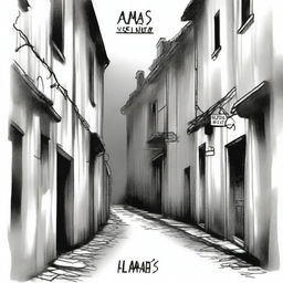 A hand-drawn image in black and white of a dark, gloomy alleyway