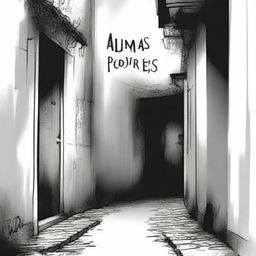 A hand-drawn image in black and white of a dark, gloomy alleyway