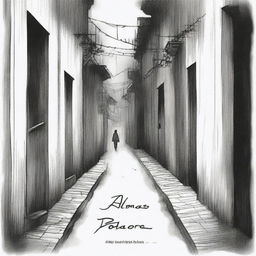 A hand-drawn image in black and white of a dark, gloomy alleyway