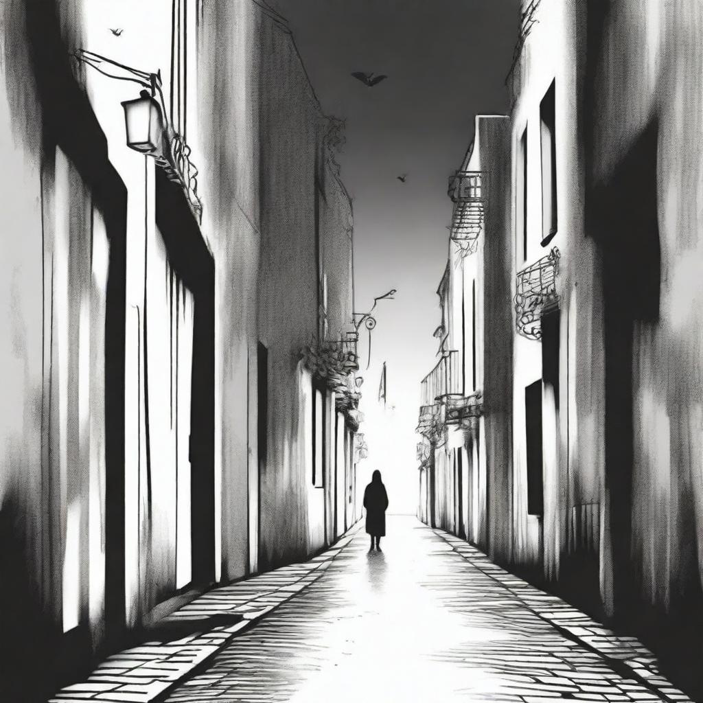 A hand-drawn image in black and white of a dark, gloomy alleyway