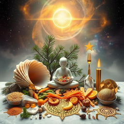 A visually captivating scene that combines elements of conscious eating, nature, and the golden ratio with a touch of mysticism and cosmic beauty