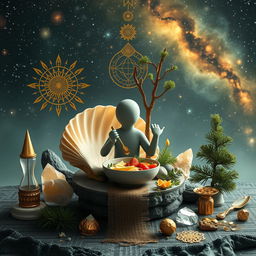 A visually captivating scene that combines elements of conscious eating, nature, and the golden ratio with a touch of mysticism and cosmic beauty