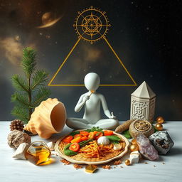 A visually captivating scene that combines elements of conscious eating, nature, and the golden ratio with a touch of mysticism and cosmic beauty