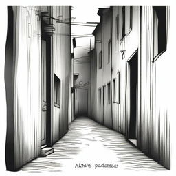 A hand-drawn image in black and white of a dark and gloomy alley