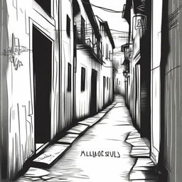 A hand-drawn image in black and white of a dark and gloomy alley