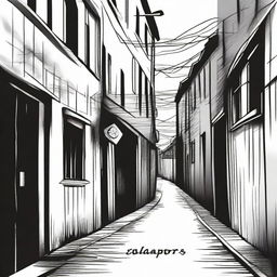 A hand-drawn image in black and white of a dark and gloomy alley